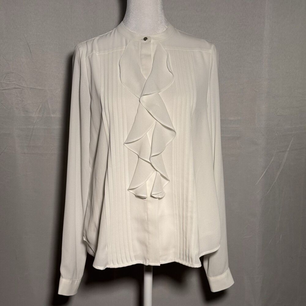 Calvin Klein Womens PS Ivory Ruffle Pintuck Long Sleeve Career Blouse NWT